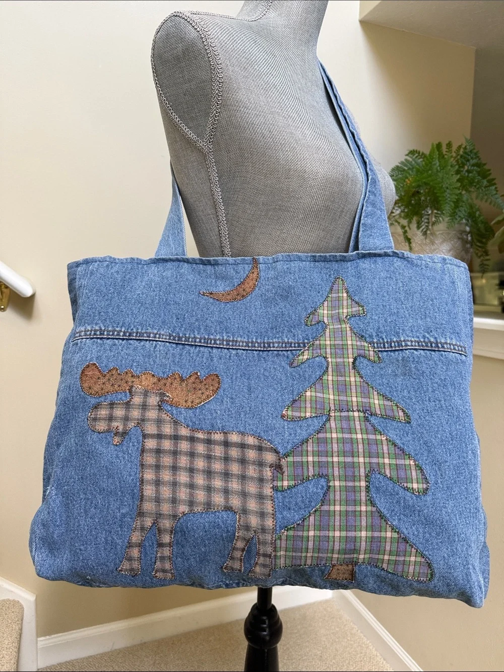 New w/o tag Denim Stonewashed Tote Bag with Plaid Moose & Tree Appliqué - Blue